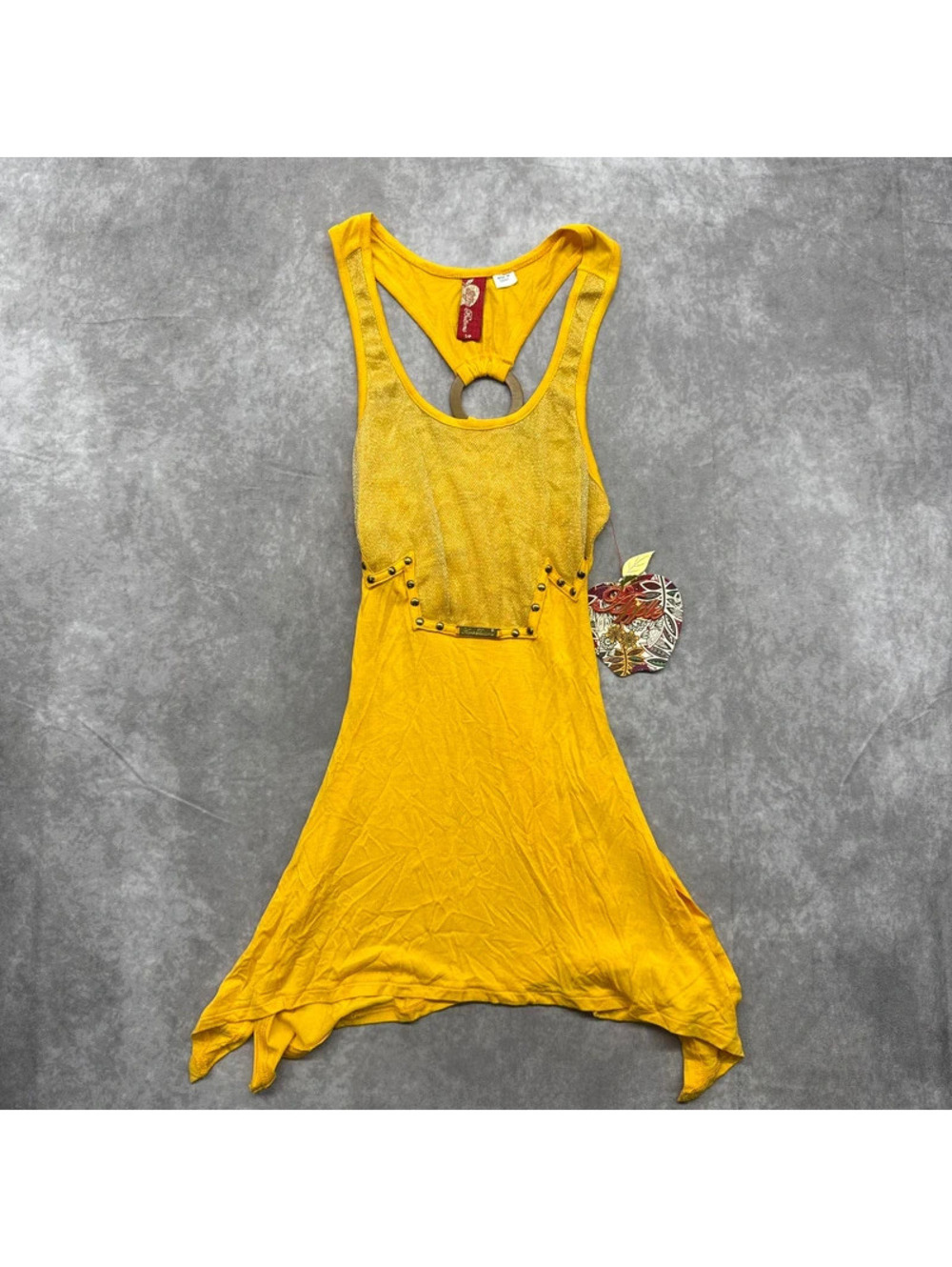 NWT Vintage Apple Bottoms Women's Yellow Metallic Mesh Tank Top Small Ring Y2K